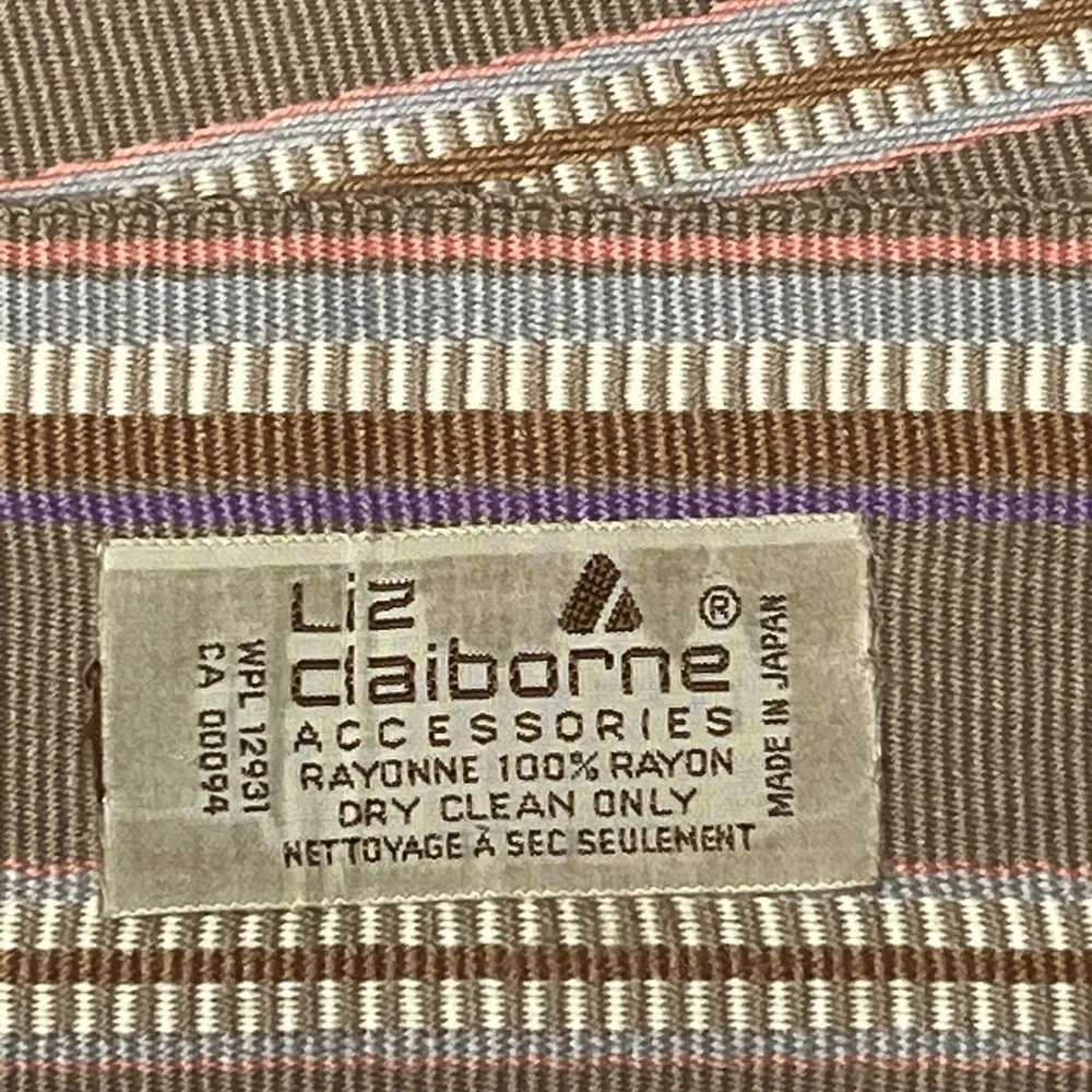 Vintage Claiborne Brown Coral Taupe Purple Striped Tapestry Tie Belt w/ Fringe